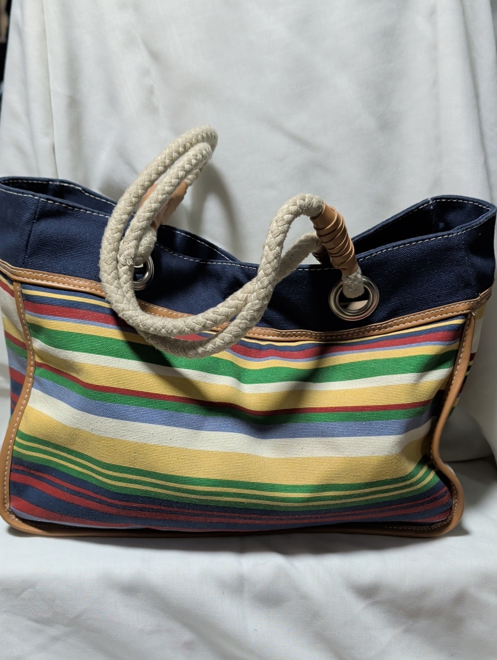 Strada Navy Canvas Tote with Multicolor Stripes Everyday Leisure And Vacation